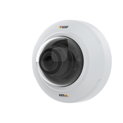 Witte Axis M4216-V dome-camera met varifocale lens en transparante koepel voor discrete videobewaking.