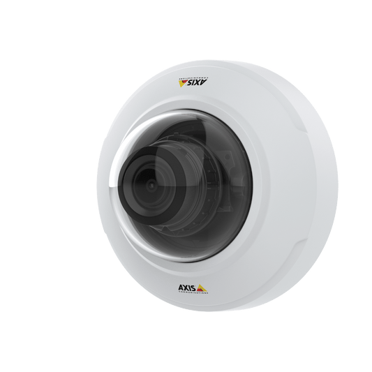 Witte Axis M4216-V dome-camera met varifocale lens en transparante koepel voor discrete videobewaking.