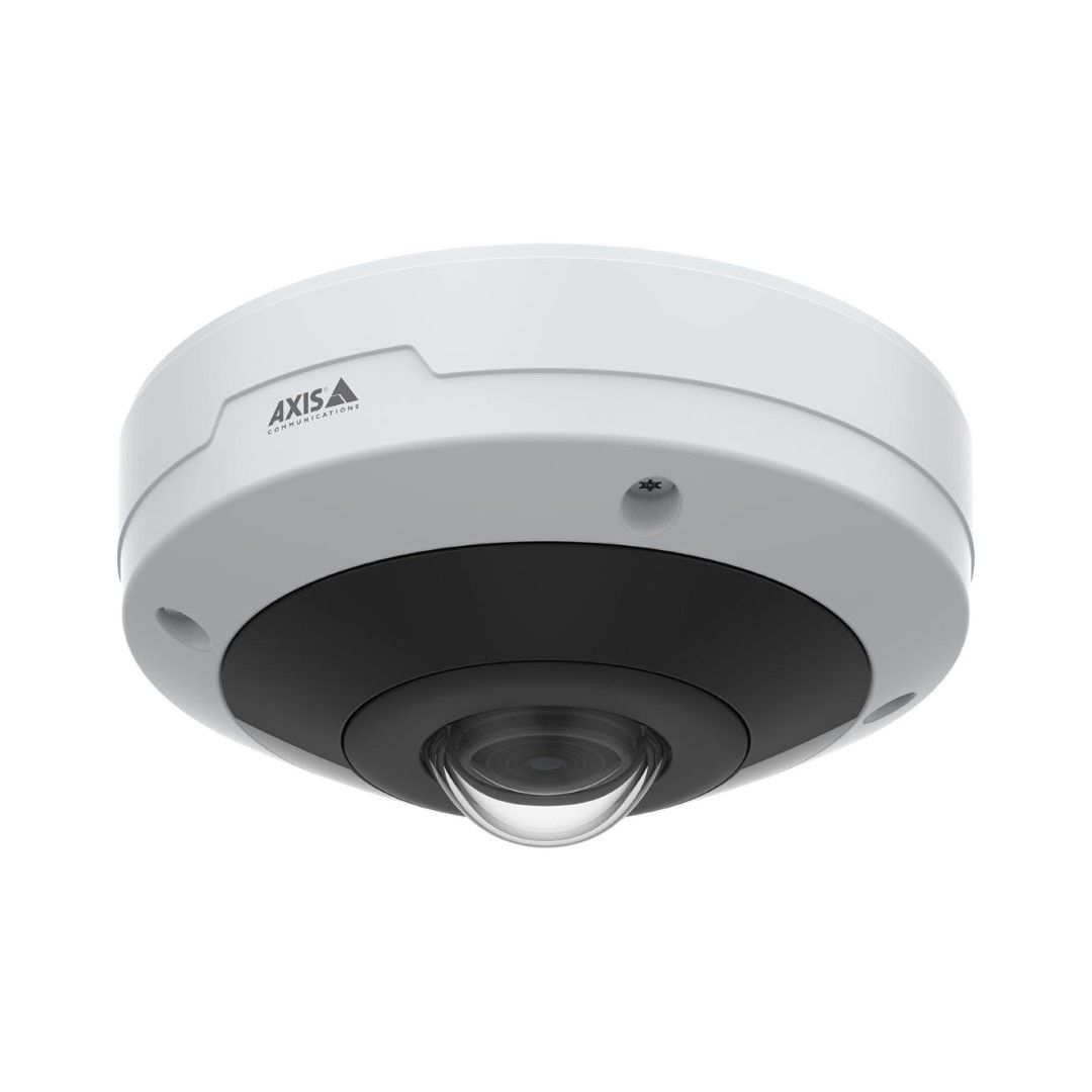 Witte Axis M4317-PLVE panoramische mini-dome camera met zwarte lensbehuizing en 360-graden fisheye-lens.