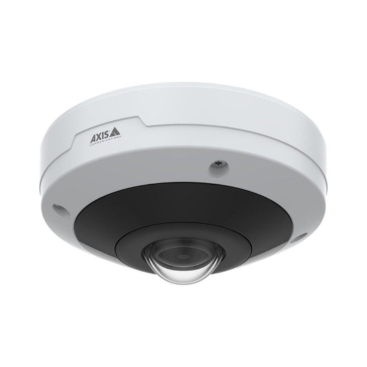 Witte Axis M4317-PLVE panoramische mini-dome camera met zwarte lensbehuizing en 360-graden fisheye-lens.