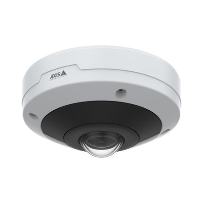 Witte Axis M4318-PLVE 12MP panoramische mini-dome camera met zwarte lensbehuizing en ingebouwde IR-verlichting.