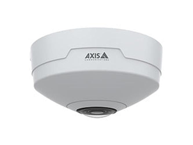 Witte Axis M4327-P 6MP panoramische binnencamera met 360-graden lens en compact rond design voor plafondmontage.