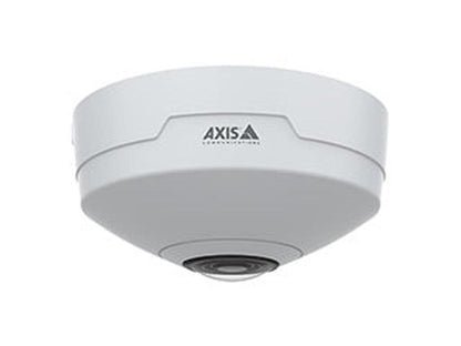 Witte Axis M4327-P 6MP panoramische binnencamera met 360-graden lens en compact rond design voor plafondmontage.
