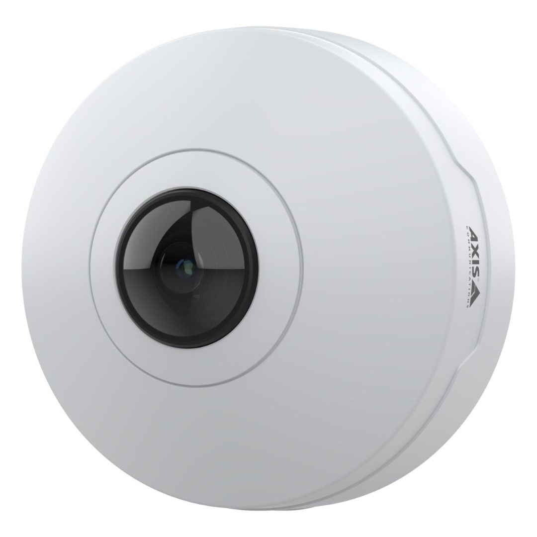 Witte Axis M4328-P panoramische domecamera met een centrale 12MP stereografische lens voor 360-graden bewaking.