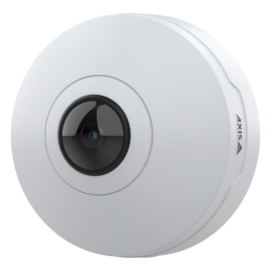 Witte Axis M4328-P panoramische domecamera met een centrale 12MP stereografische lens voor 360-graden bewaking.