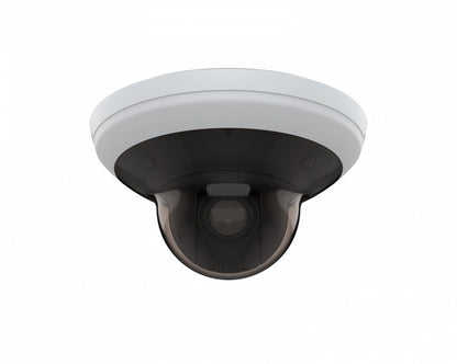 Axis M5000-G all-in-one dome camera met witte behuizing en donkere koepel voor 360-graden overzicht en PTZ-zoom.