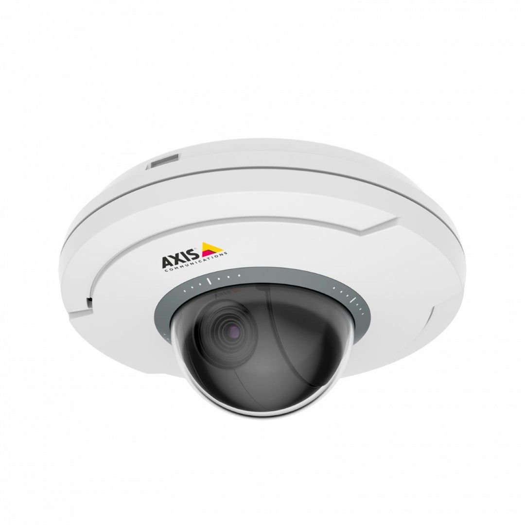 Witte Axis M5075-G compacte PTZ-domecamera met een zwarte lens en discreet, rond ontwerp voor plafondmontage.