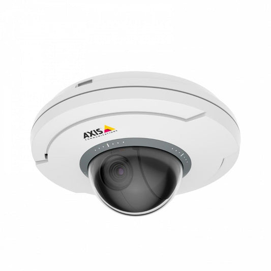 Witte Axis M5075-G compacte PTZ-domecamera met een zwarte lens en discreet, rond ontwerp voor plafondmontage.
