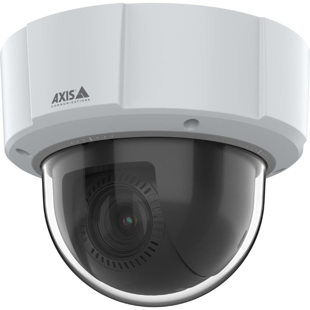 Witte Axis M5526-E PTZ-domecamera met 4MP lens, transparante koepel en robuuste behuizing voor binnen en buiten.