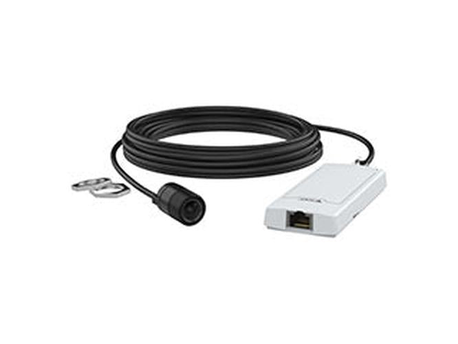 Axis P1245 Mk II modulaire camera met witte hoofdunit, zwarte sensor en verbindingskabel voor discrete installatie.