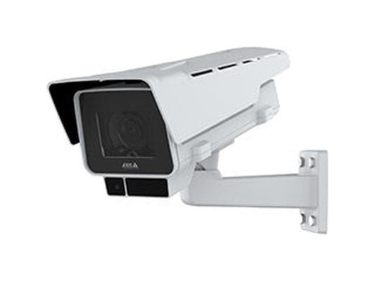 Witte Axis P1387-LE 5MP PoE box buitencamera met zonnekap, lens en muurbeugel voor professionele videobewaking.