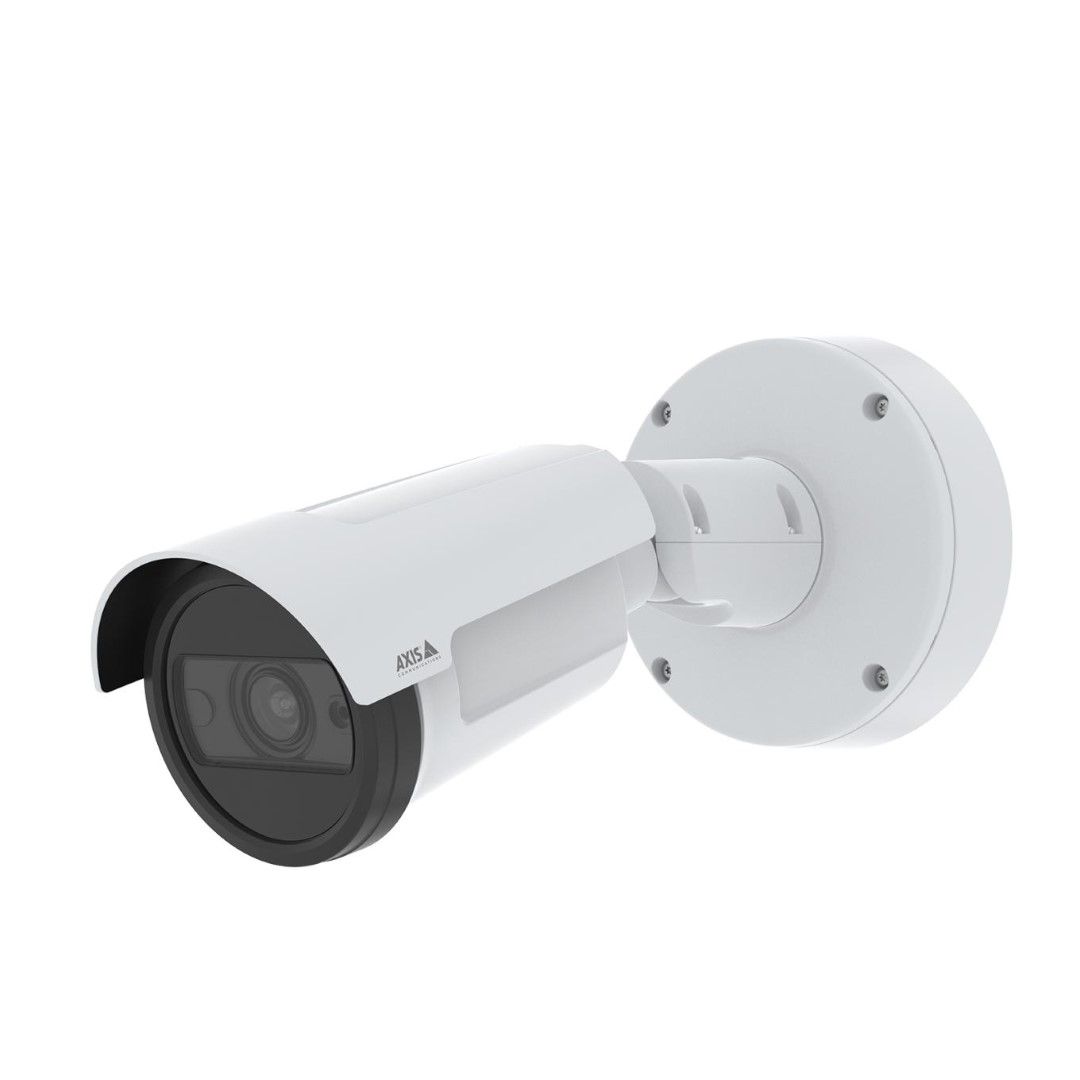Witte Axis P1465-LE bullet buitencamera met zwarte lens en robuuste muurbevestiging voor professionele beveiliging.