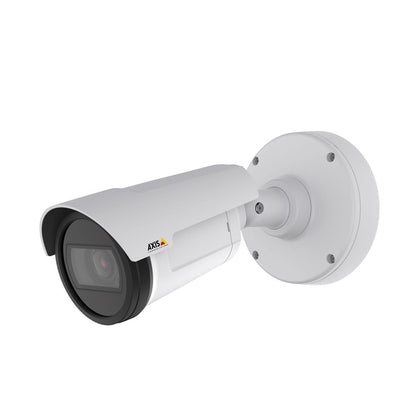 Witte Axis P1487-LE outdoor bullet camera met zonnekap en ronde muurbevestiging tegen een witte achtergrond.