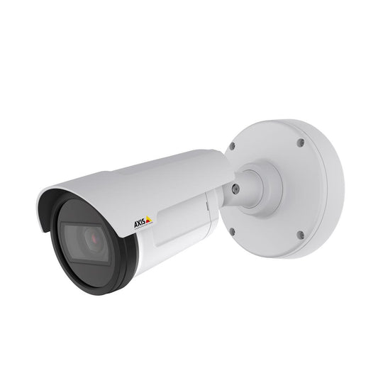 Witte Axis P1488-LE 8MP outdoor bullet camera met zonnekap en ronde muurbevestiging tegen een witte achtergrond.