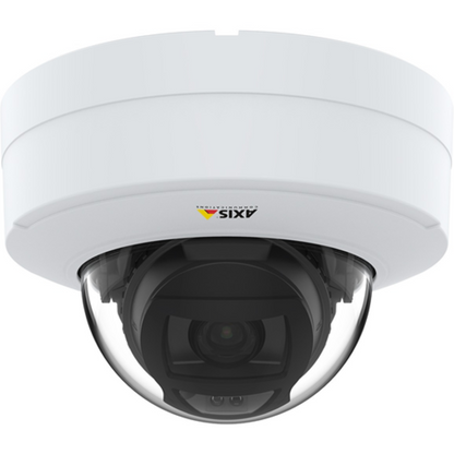 Witte Axis P3275-LV dome beveiligingscamera met zwarte lens en transparante koepel voor plafondmontage.