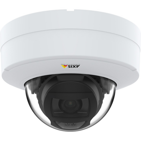Witte Axis P3275-LV dome beveiligingscamera met zwarte lens en transparante koepel voor plafondmontage.