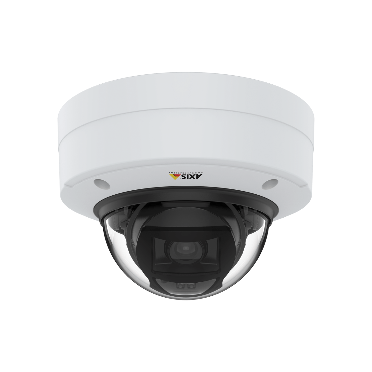 Witte Axis P3275-LVE outdoor dome camera met zwarte lensbehuizing en vandaalbestendige koepel.