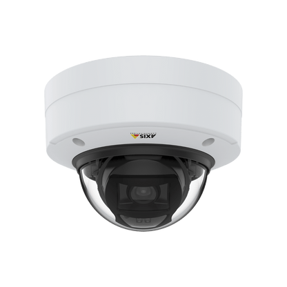 Witte Axis P3275-LVE outdoor dome camera met zwarte lensbehuizing en vandaalbestendige koepel.