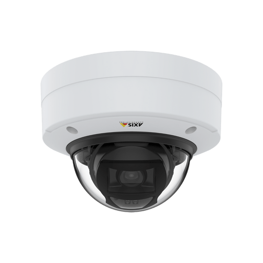 Witte Axis P3275-LVE outdoor dome camera met zwarte lensbehuizing en vandaalbestendige koepel.