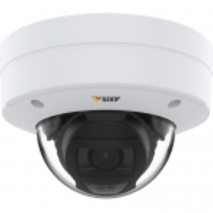 Witte Axis P3275-V vandaalbestendige dome-beveiligingscamera met varifocale lens en heldere koepel.