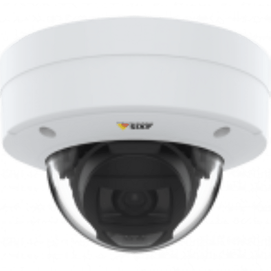 Witte Axis P3275-V vandaalbestendige dome-beveiligingscamera met varifocale lens en heldere koepel.