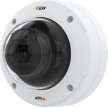 Witte Axis P3277-VE 5MP outdoor dome camera met vandalismebestendige behuizing en zwarte lenskap.