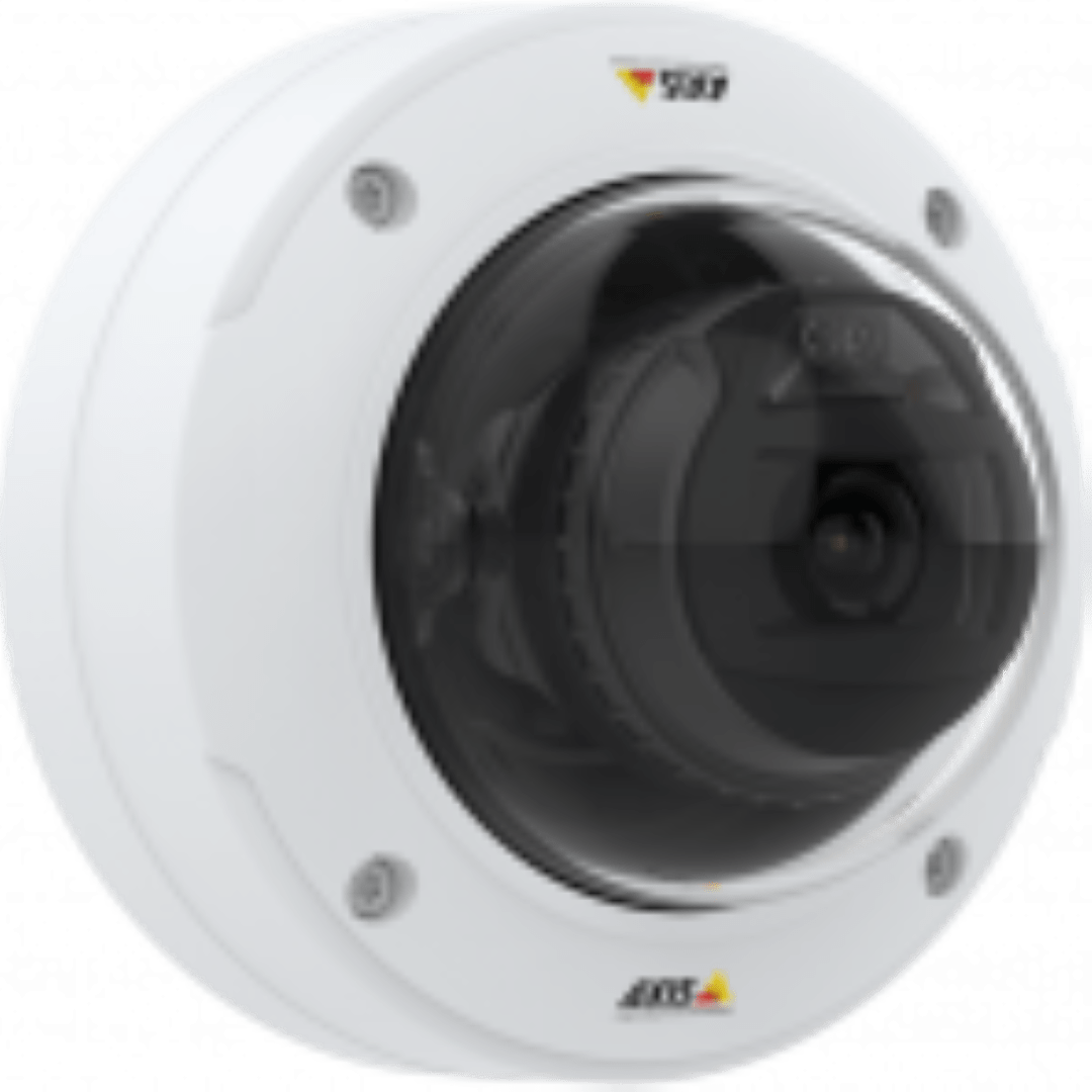 Witte Axis P3277-VE 5MP outdoor domecamera met vandalismebestendige behuizing en transparante koepel.