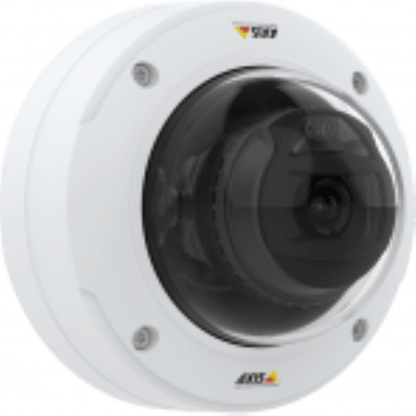 Witte Axis P3277-VE 5MP outdoor domecamera met vandalismebestendige behuizing en transparante koepel.