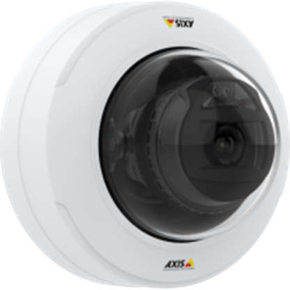 Witte Axis P3278-LV 8MP dome-beveiligingscamera met transparante koepel en varifocale lens.