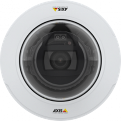 Witte Axis P3278-LV 8MP dome-beveiligingscamera met transparante koepel en varifocale lens.