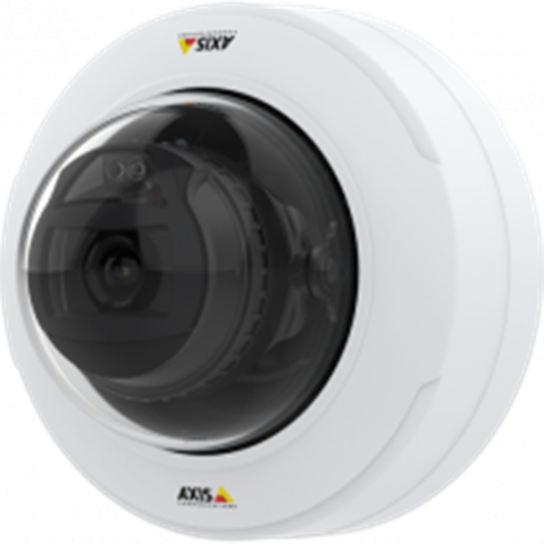 Witte Axis P3278-LV 8MP dome camera met zwarte lenskap en vandalismebestendige behuizing.
