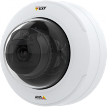Witte Axis P3278-LV 8MP dome camera met zwarte lenskap en vandalismebestendige behuizing.