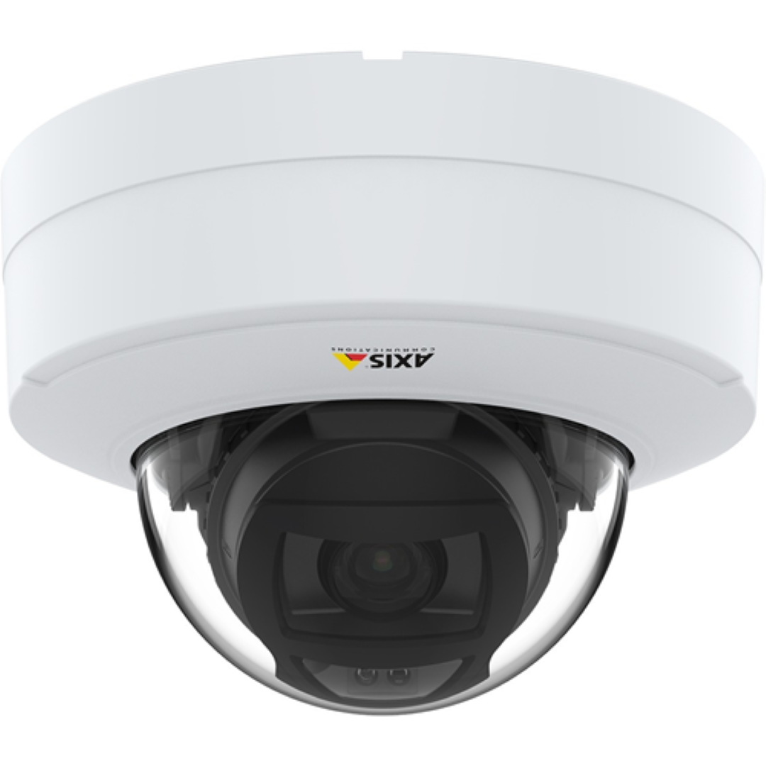 Witte Axis P3278-LV 8MP dome beveiligingscamera met varifocale lens en transparante koepel.