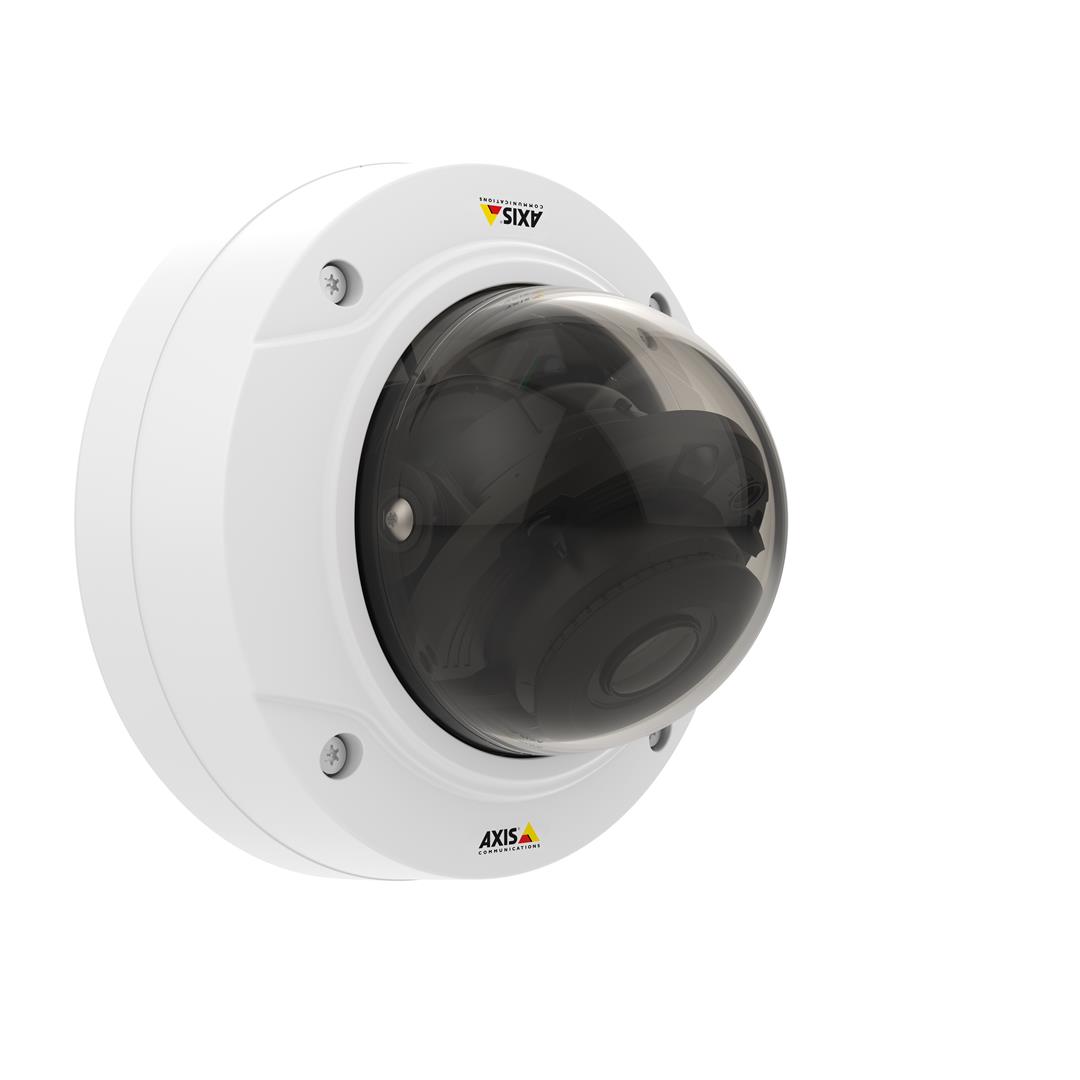 Witte Axis P3285-LV domecamera met transparante koepel en ARTPEC-9 AI-technologie voor professionele videobewaking.