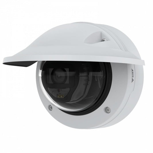 Witte Axis P3285-LV domecamera met zonnekap, zwarte lensmodule en robuuste behuizing voor professionele beveiliging.