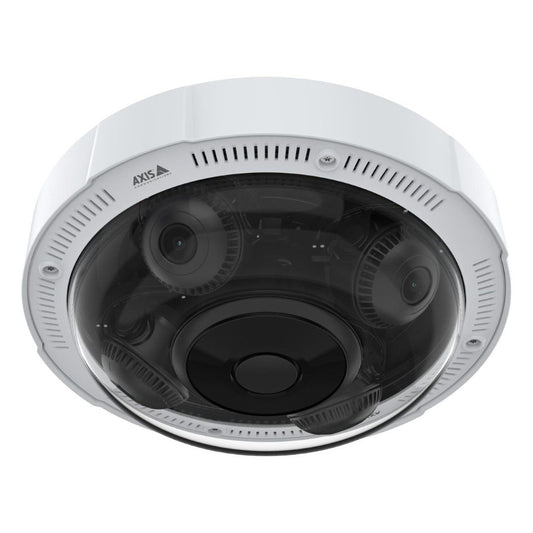 Witte Axis P3735-PLE multidirectionele beveiligingscamera met vier verstelbare 2MP cameralenzen onder een koepel.