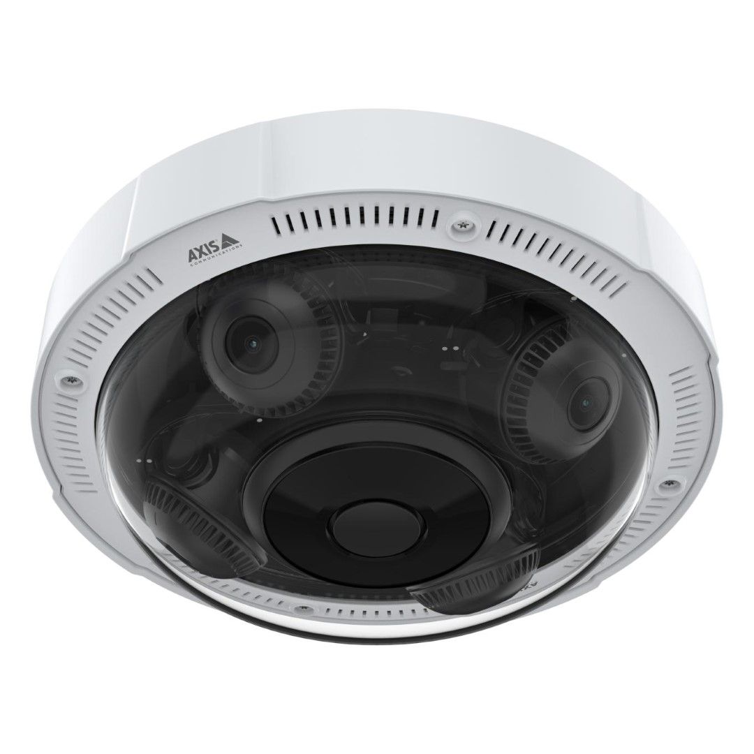 Witte Axis P3737-PLE multidirectionele beveiligingscamera met vier verstelbare 5MP cameralenzen onder een transparante koepel.