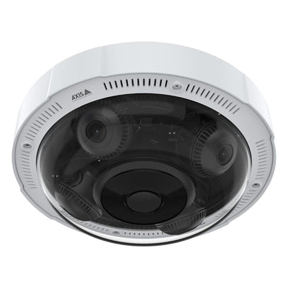 Witte Axis P3737-PLE multidirectionele beveiligingscamera met vier verstelbare 5MP cameralenzen onder een transparante koepel.