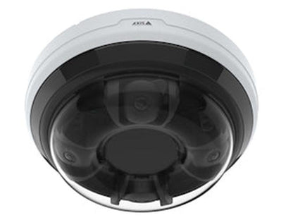Witte Axis P3747-PLVE multidirectionele buitencamera met vier 5MP-lenzen onder een transparante koepel.