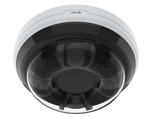 Witte Axis P3747-PLVE multidirectionele buitencamera met vier 5MP-lenzen onder een transparante koepel.