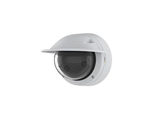 Witte Axis P3818-PVE panoramische buitencamera met 180° koepel en zonnekap voor naadloze 13MP videobewaking.