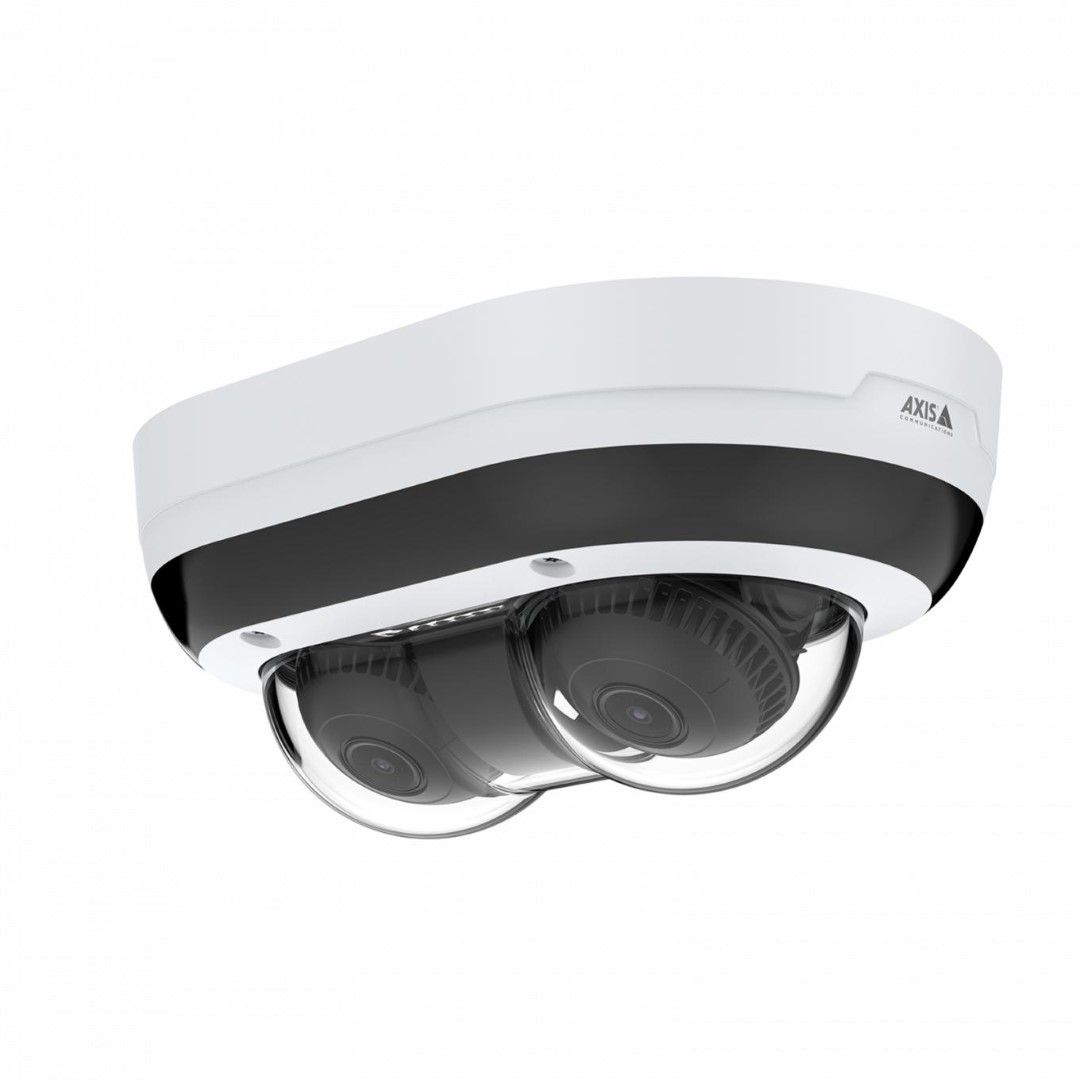 Axis P4707-PLVE witte dual-sensor panoramische buitencamera met twee verstelbare camerakoppen en 360° IR-verlichting.