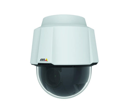 Witte Axis P5654-E Mk II PTZ-domecamera met zwarte lensbol voor professionele buitenbewaking.