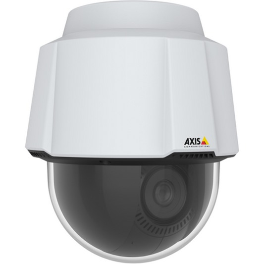 Witte Axis P5655-E PTZ-domecamera met zwarte lens en Axis-logo voor professionele buitenbewaking.