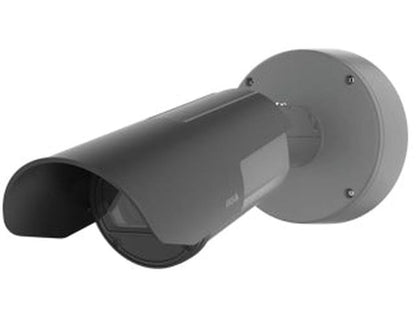 Grijze Axis Q1800-LE-3 ANPR-camera met zonnekap voor kentekenherkenning, gemonteerd op een ronde wandbeugel.