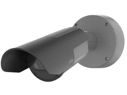 Grijze Axis Q1800-LE-3 ANPR-camera met zonnekap voor kentekenherkenning, gemonteerd op een ronde wandbeugel.