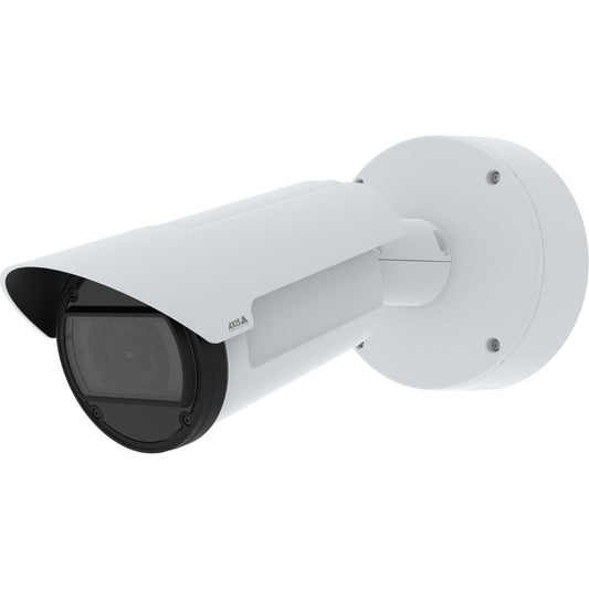 Witte Axis Q1805-LE bulletcamera voor buiten met 32x zoomlens en robuuste wandmontagebeugel.