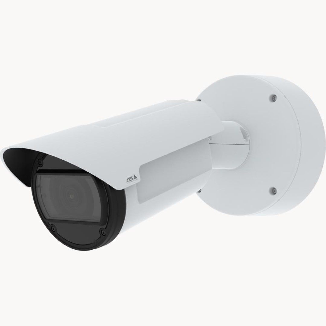 Witte Axis Q1806-LE bullet-buitencamera met 32x optische zoom en zonnekap voor professionele videobewaking.