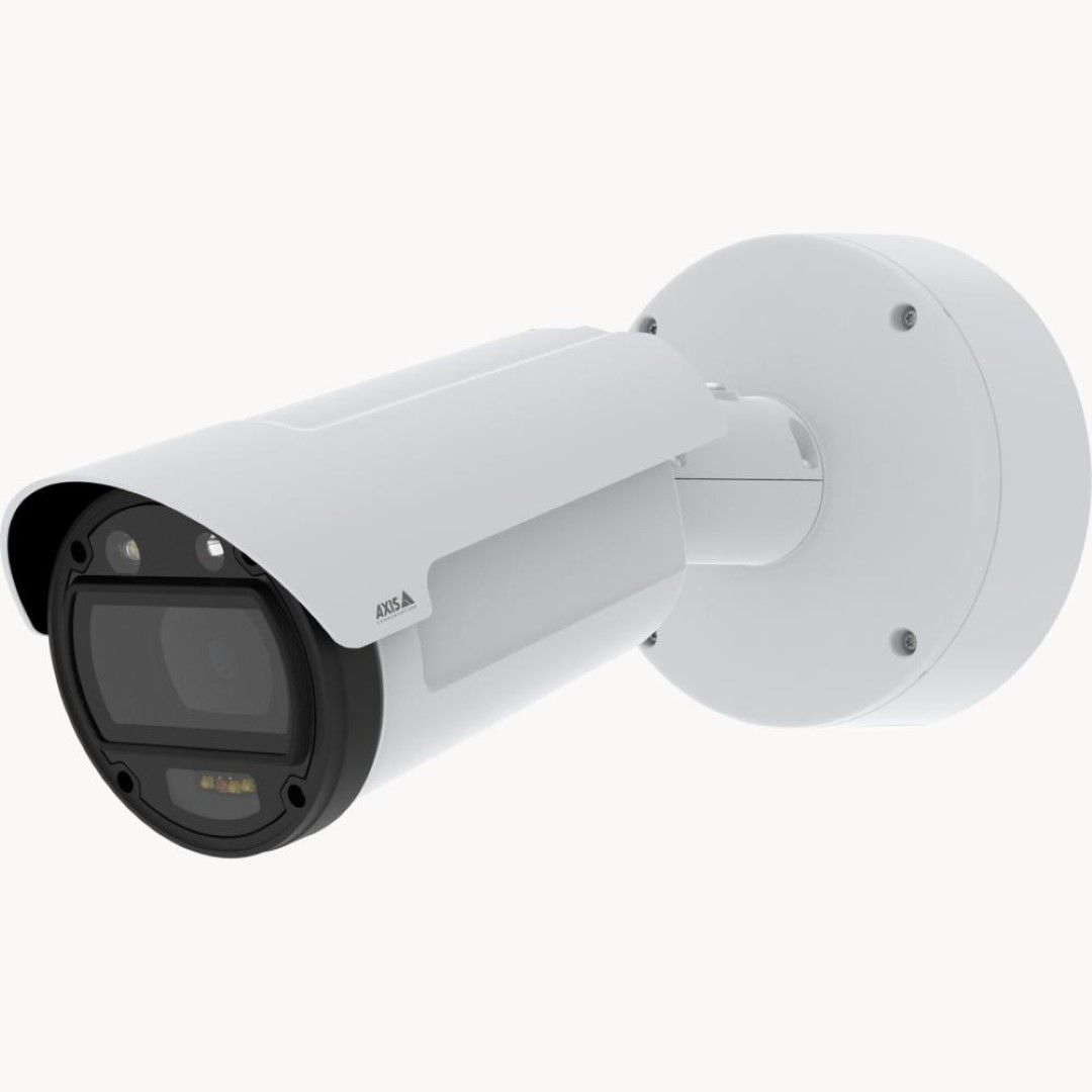 Witte Axis Q1808-LE 4K bullet-buitencamera met Canon-lens en robuuste muurbevestiging voor professionele videobewaking.