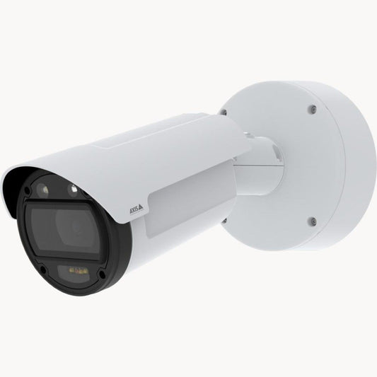 Witte Axis Q1808-LE 4K bullet-buitencamera met Canon-lens en robuuste muurbevestiging voor professionele videobewaking.